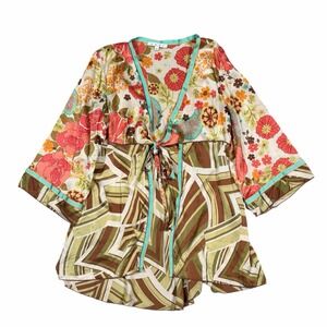 CABI 100%  Silk Kimono Wrap Multicolor Retro Look 3/4 Sleeves‎ Top Size M
